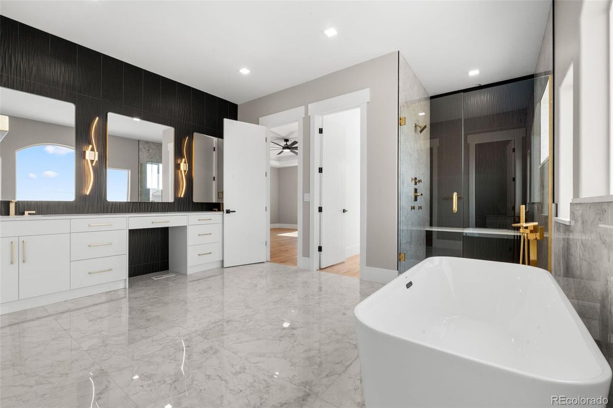Bathroom, Dual Sink Vanities, Free Standing Baths, Glass Shower, Interior, Marble, Recessed Lighting