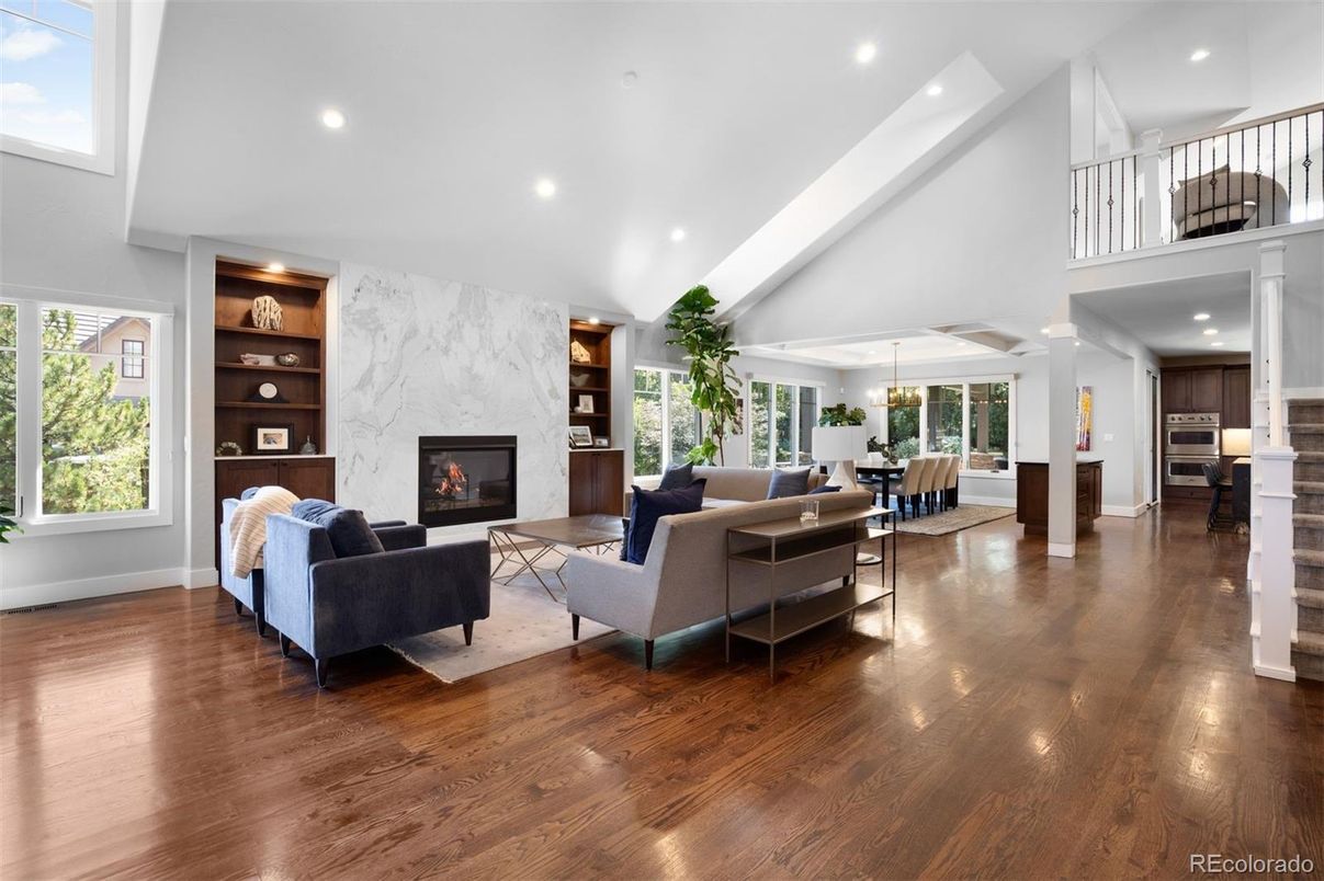 Dining room, Fireplace, Interior, Kitchen, Living room, Pendant Lights, Recessed Lighting, Wood Texture Flooring