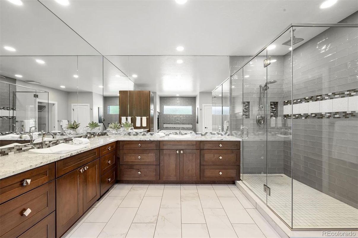 Bathroom, Dual Sink Vanities, Glass Shower, Interior, Marble, Recessed Lighting