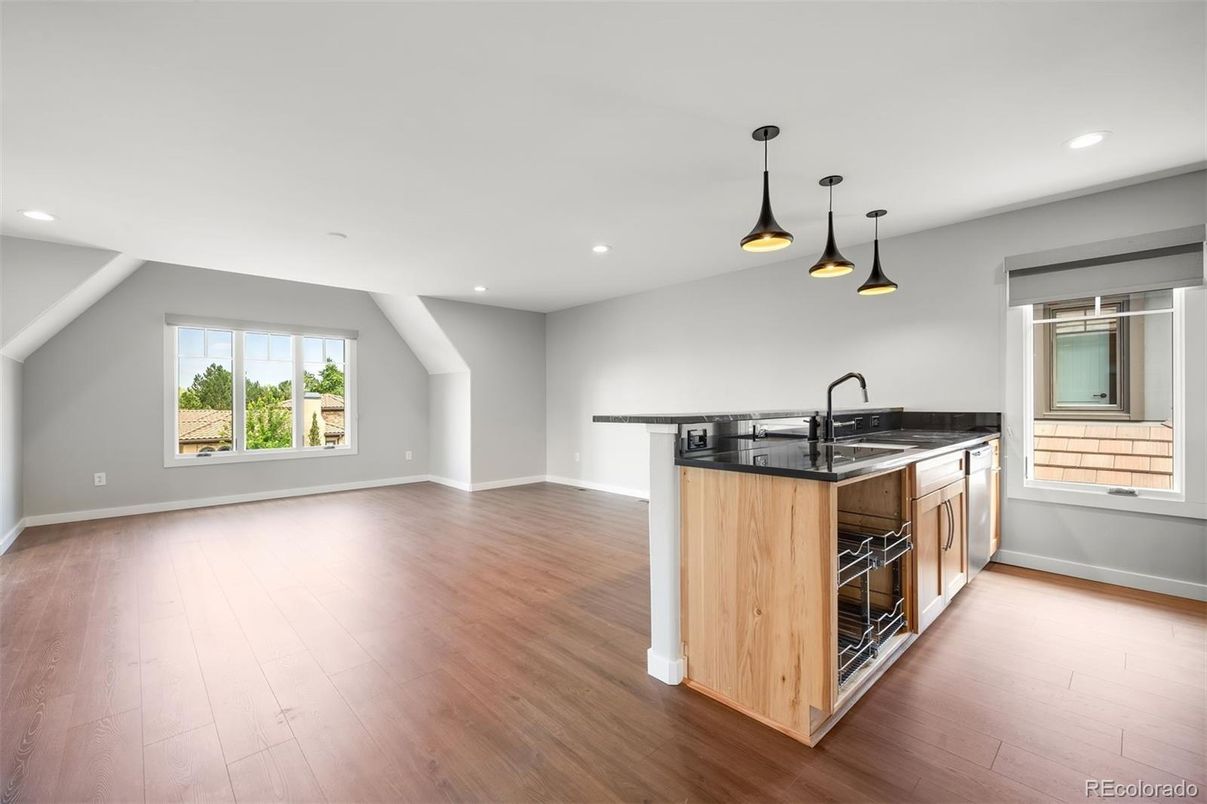 Interior, Kitchen, Pendant Lights, Recessed Lighting, Wood Texture Flooring