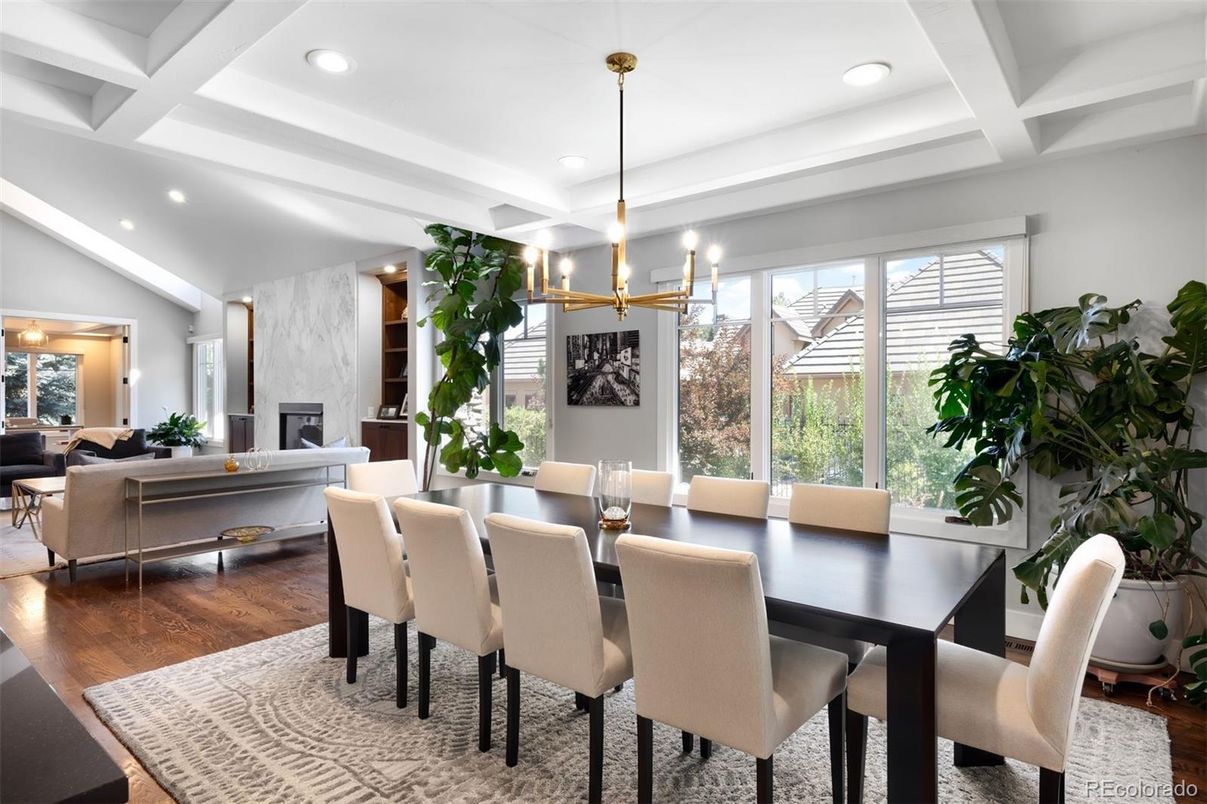 Dining room, Fireplace, Interior, Living room, Pendant Lights, Recessed Lighting, Wood Texture Flooring