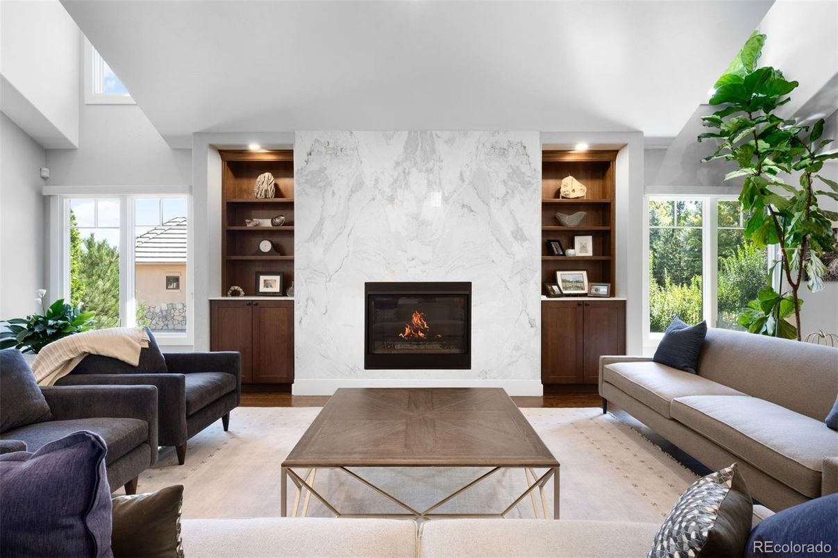 Fireplace, Interior, Living room, Marble Walls, Wood Texture Flooring