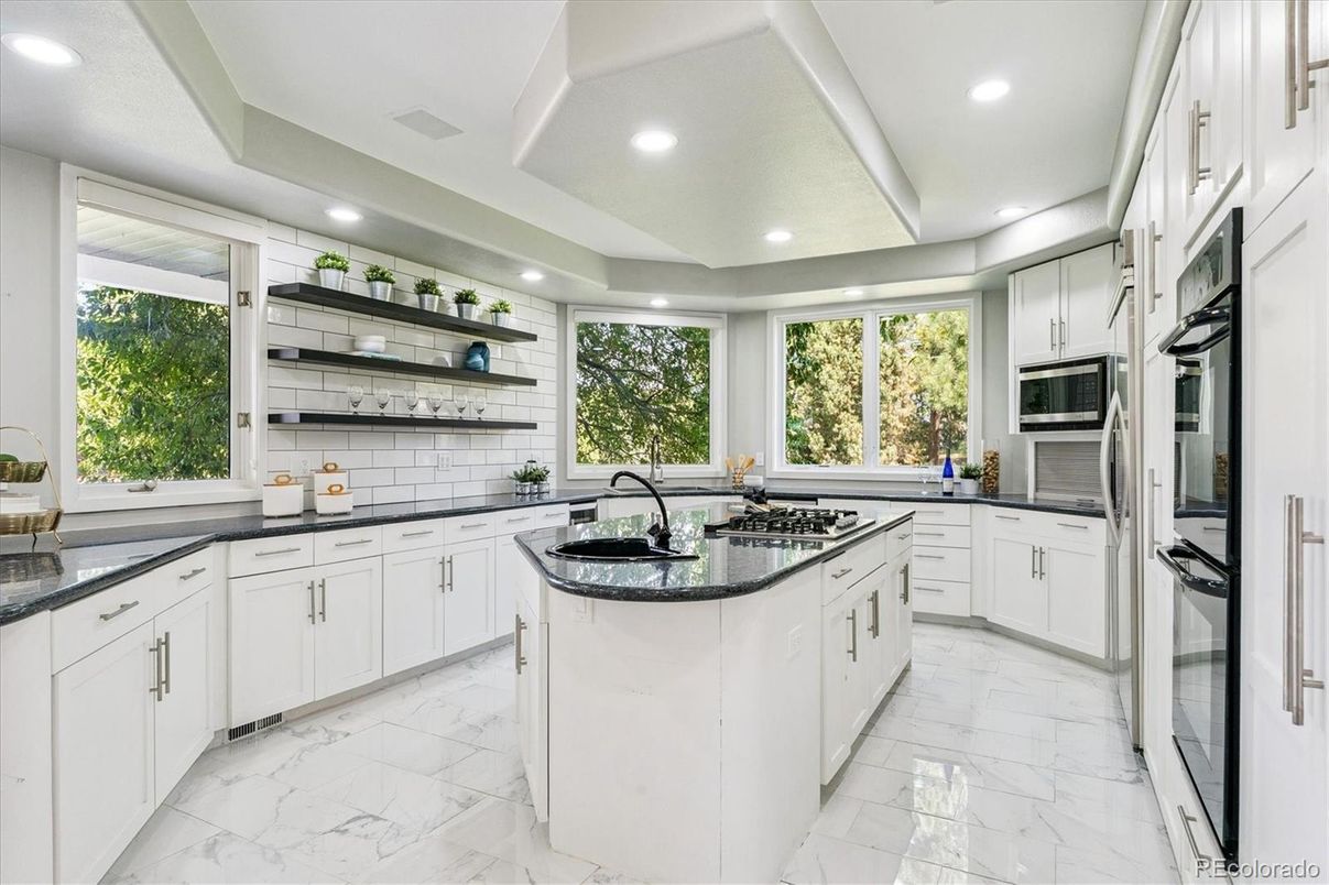 Interior, Kitchen, Marble, Recessed Lighting, Stainless Steel Appliances