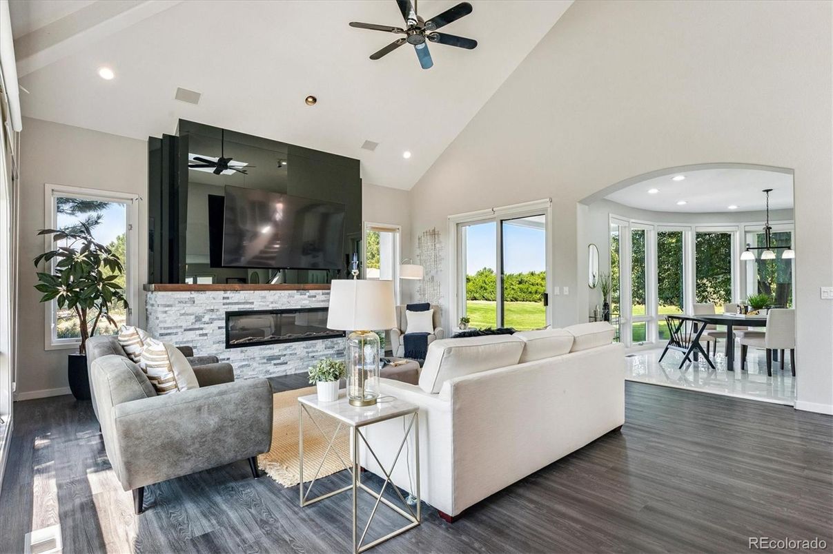 Dining room, Fireplace, Interior, Living room, Pendant Lights, Recessed Lighting, Wood Texture Flooring