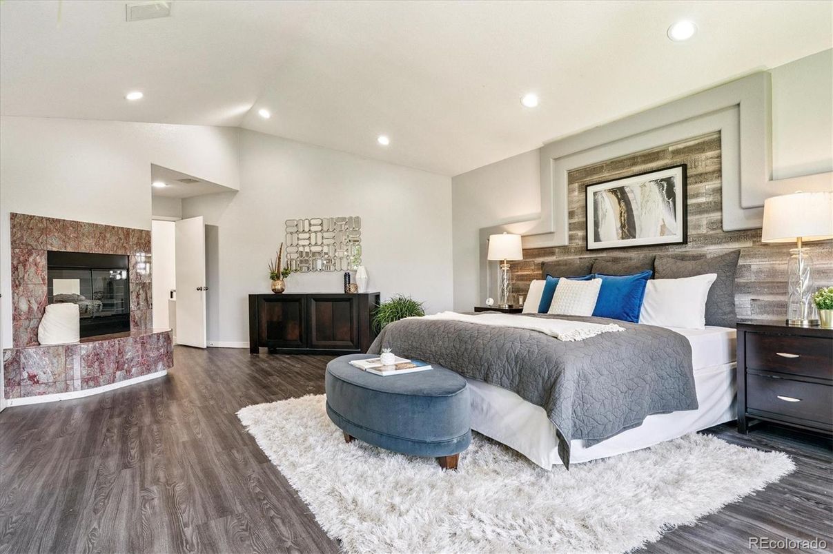 Bedroom, Fireplace, Interior, Recessed Lighting, Wood Texture Flooring