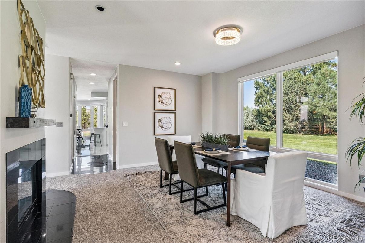 Dining room, Fireplace, Interior, Recessed Lighting
