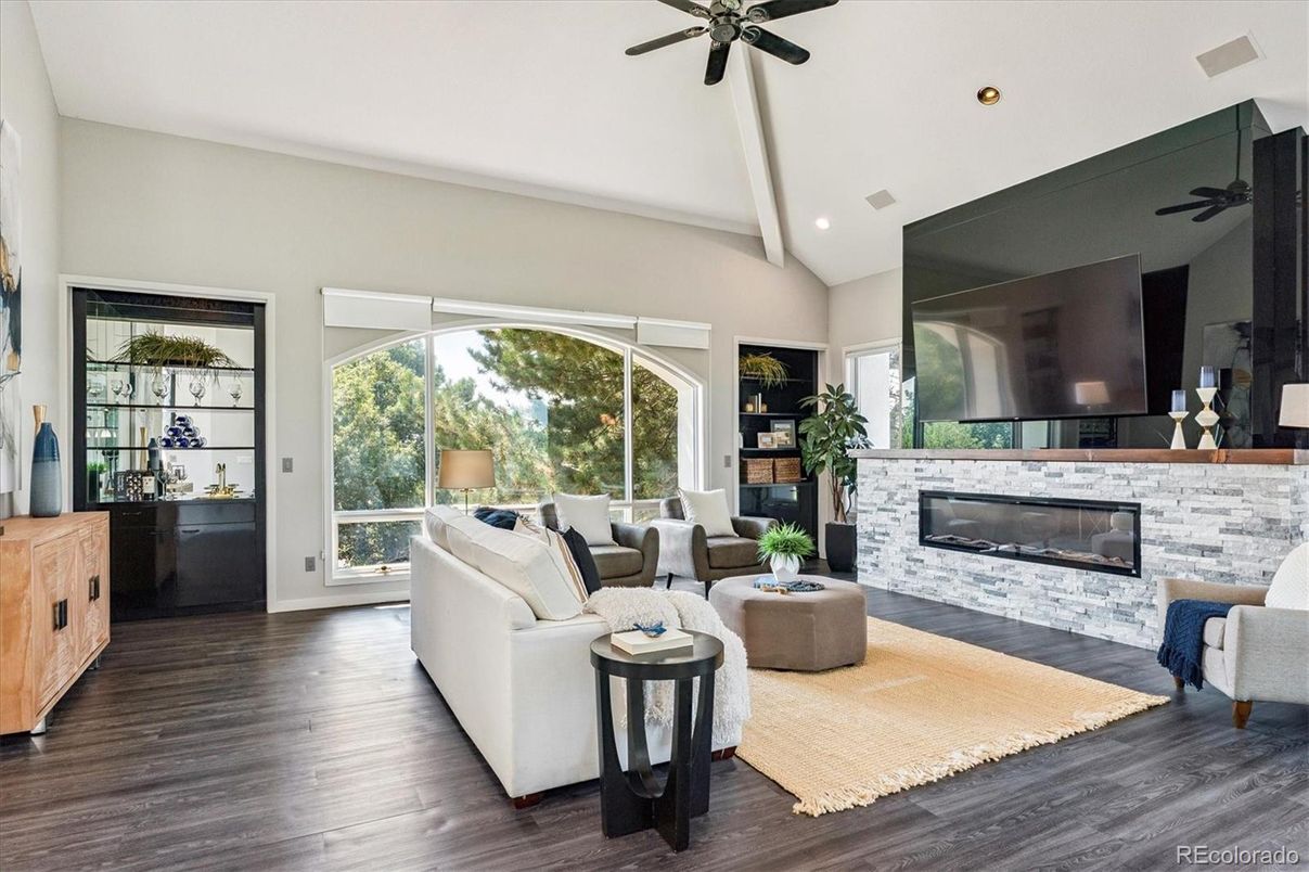 Fireplace, Interior, Living room, Recessed Lighting, Wood Texture Flooring