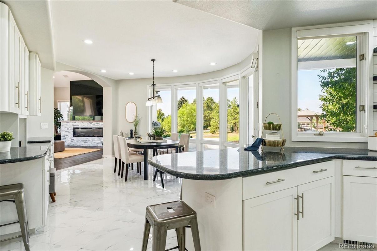 Dining room, Fireplace, Interior, Kitchen, Marble, Pendant Lights, Recessed Lighting
