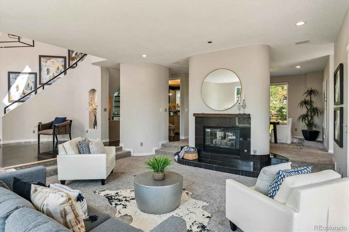 Fireplace, Interior, Living room, Recessed Lighting, Wood Texture Flooring