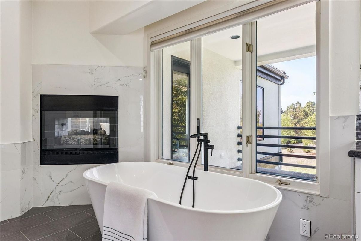 Bathroom, Fireplace, Free Standing Baths, Interior, Marble, Marble Walls