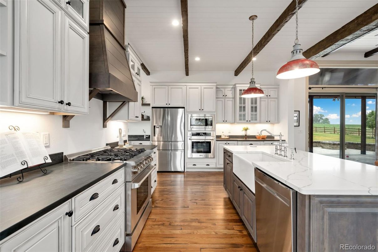 Interior, Kitchen, Pendant Lights, Recessed Lighting, Stainless Steel Appliances, Wooden Beams, Wood Texture Flooring