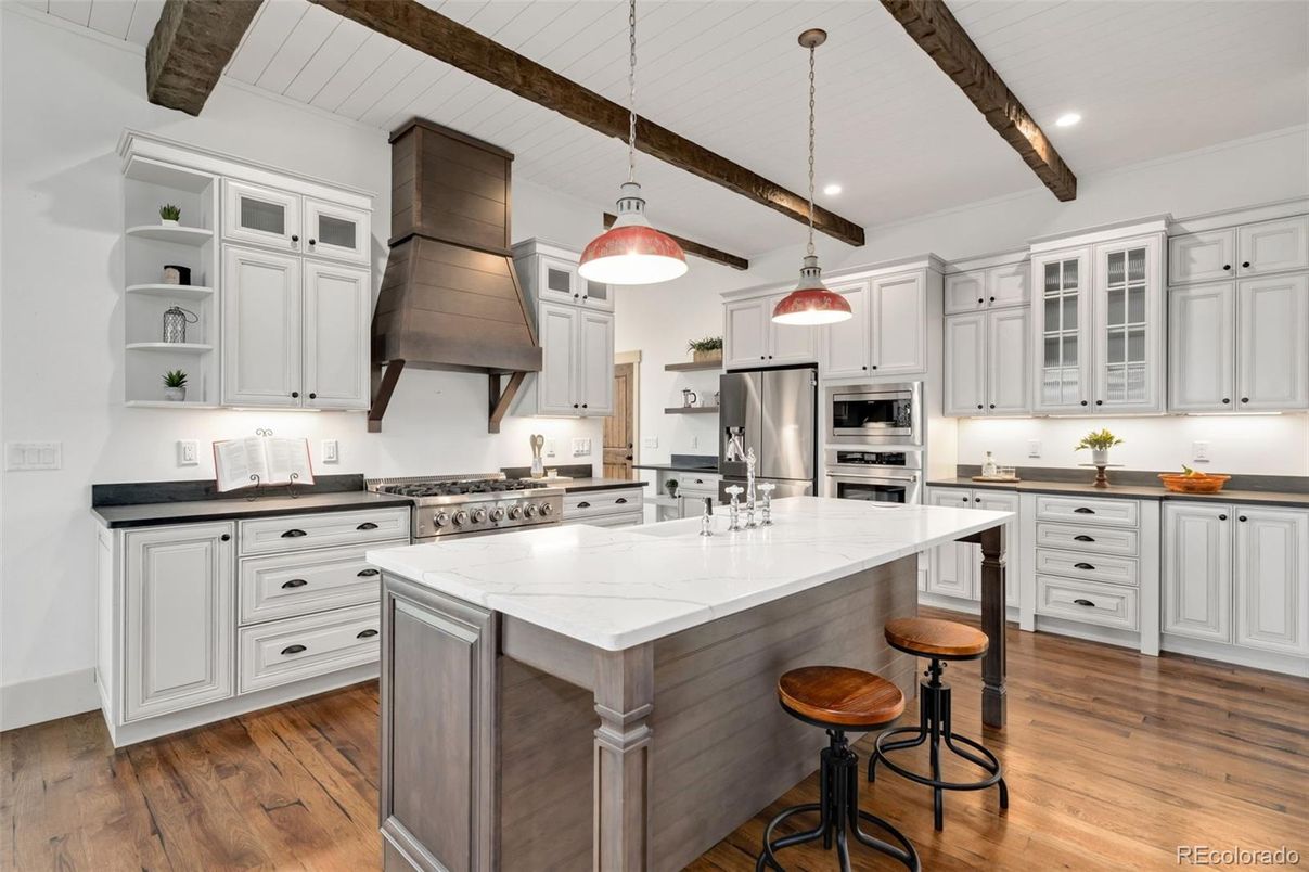 Interior, Kitchen, Pendant Lights, Recessed Lighting, Stainless Steel Appliances, Wooden Beams, Wood Texture Flooring