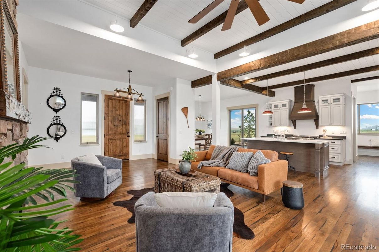Interior, Kitchen, Living room, Pendant Lights, Recessed Lighting, Stainless Steel Appliances, Wooden Beams, Wood Texture Flooring