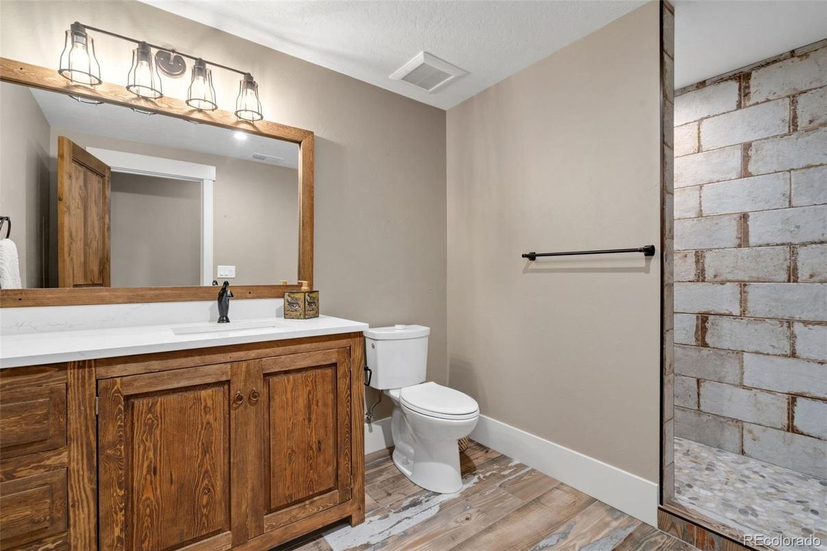 Bathroom, Interior, Stone Walls, Wood Texture Flooring