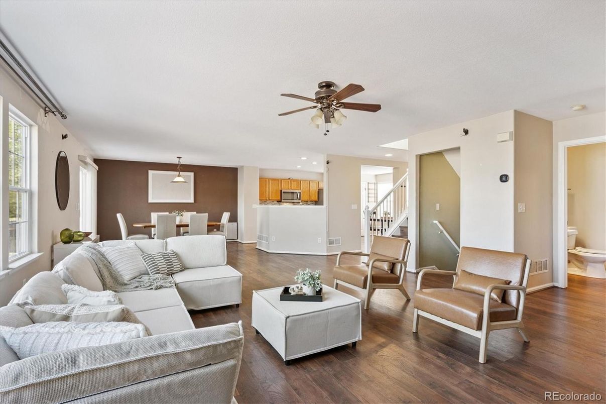 Dining room, Interior, Kitchen, Living room, Pendant Lights, Recessed Lighting, Wood Texture Flooring