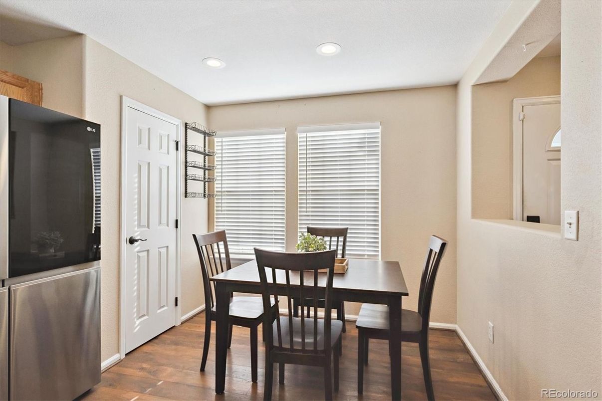 Dining room, Interior, Recessed Lighting, Wood Texture Flooring