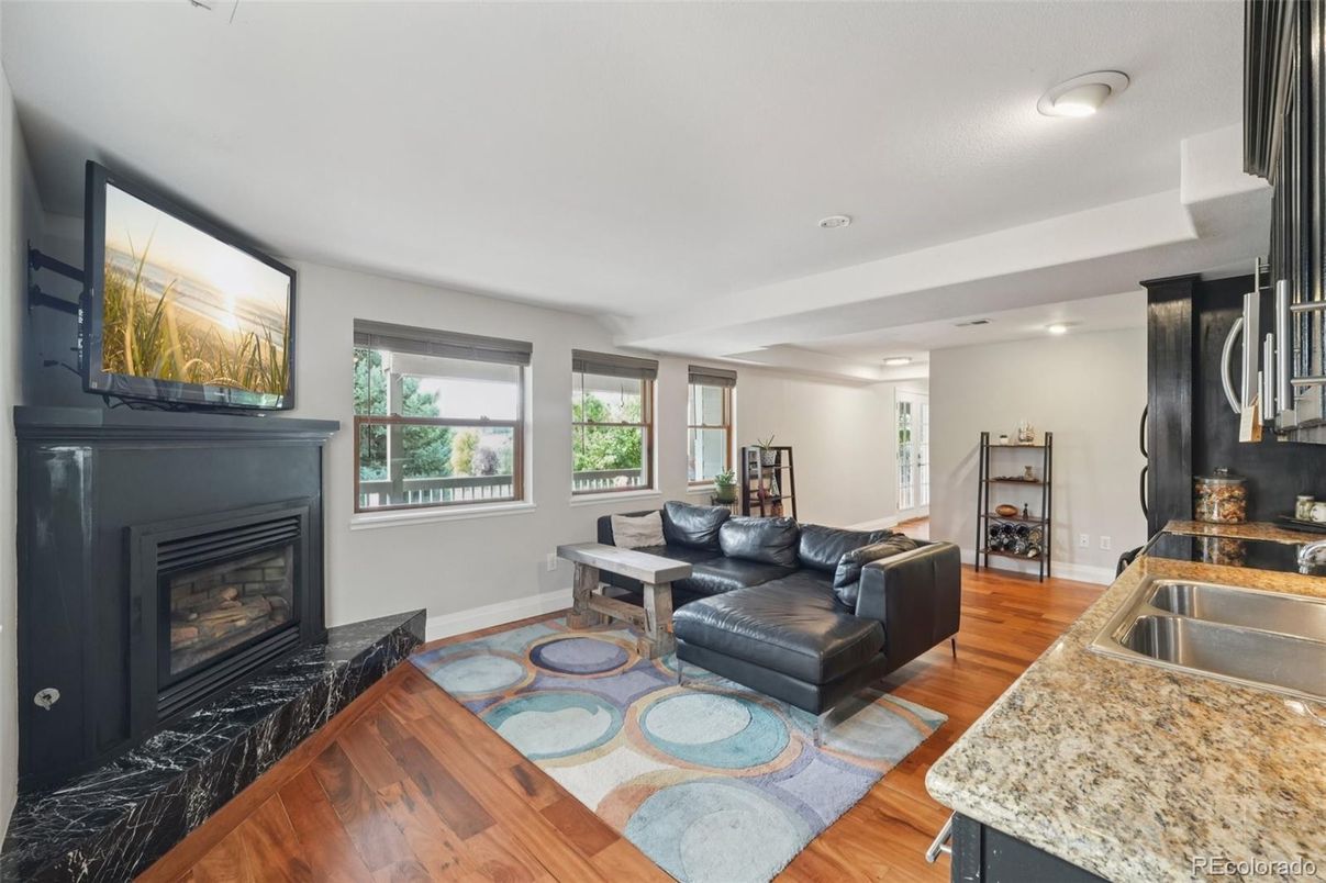Fireplace, Interior, Living room, Recessed Lighting, Wood Texture Flooring