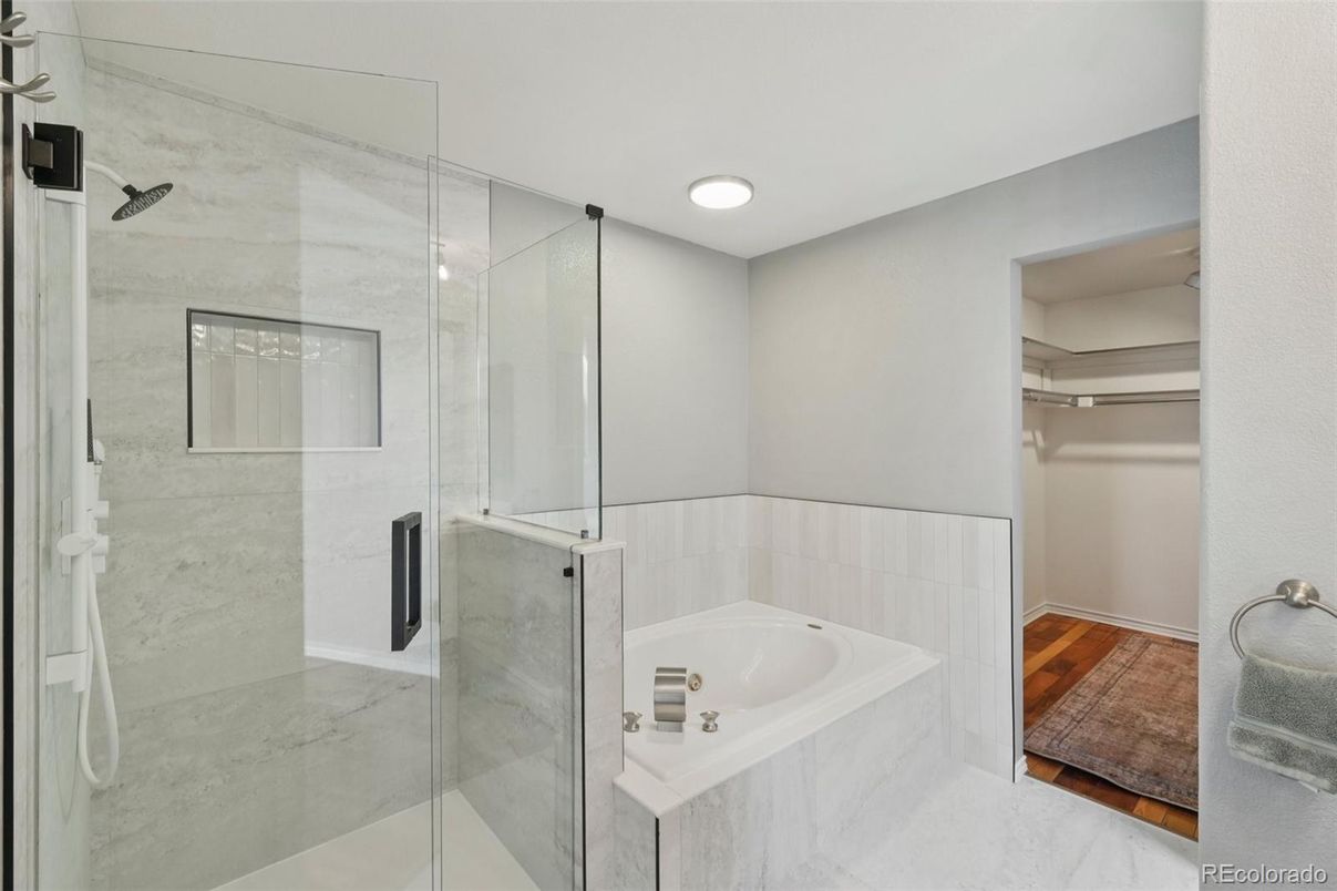 Bathroom, Glass Shower, Interior, Marble, Recessed Lighting