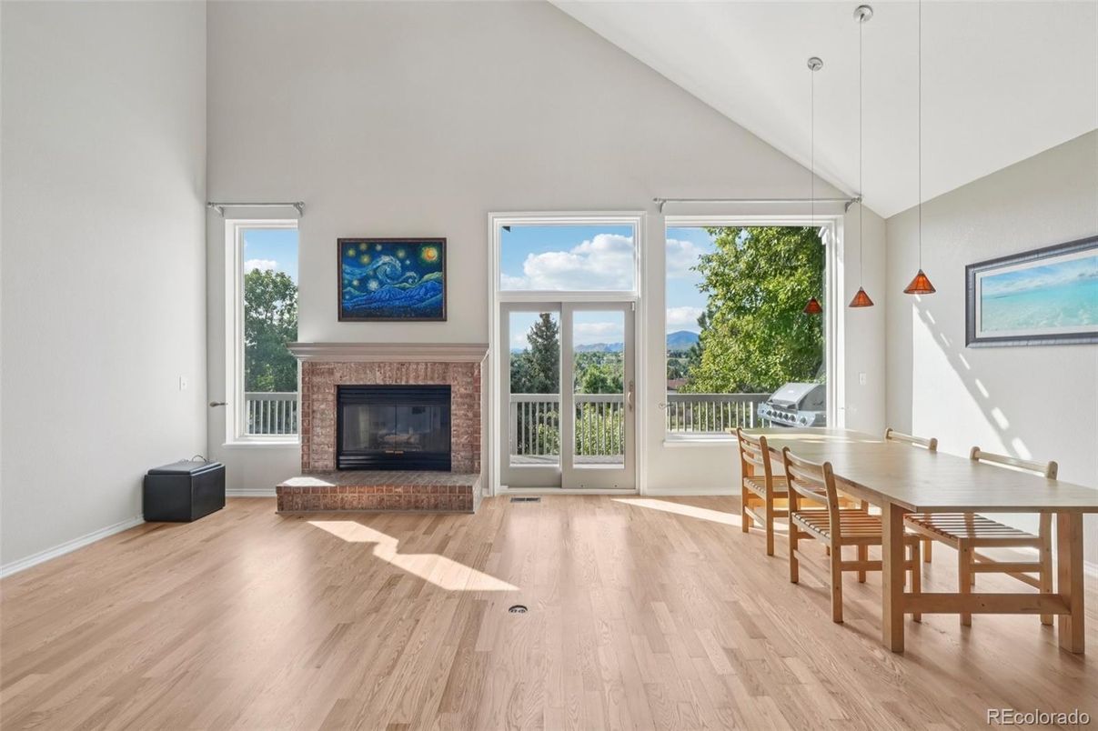 Dining room, Fireplace, Interior, Pendant Lights, Wood Texture Flooring