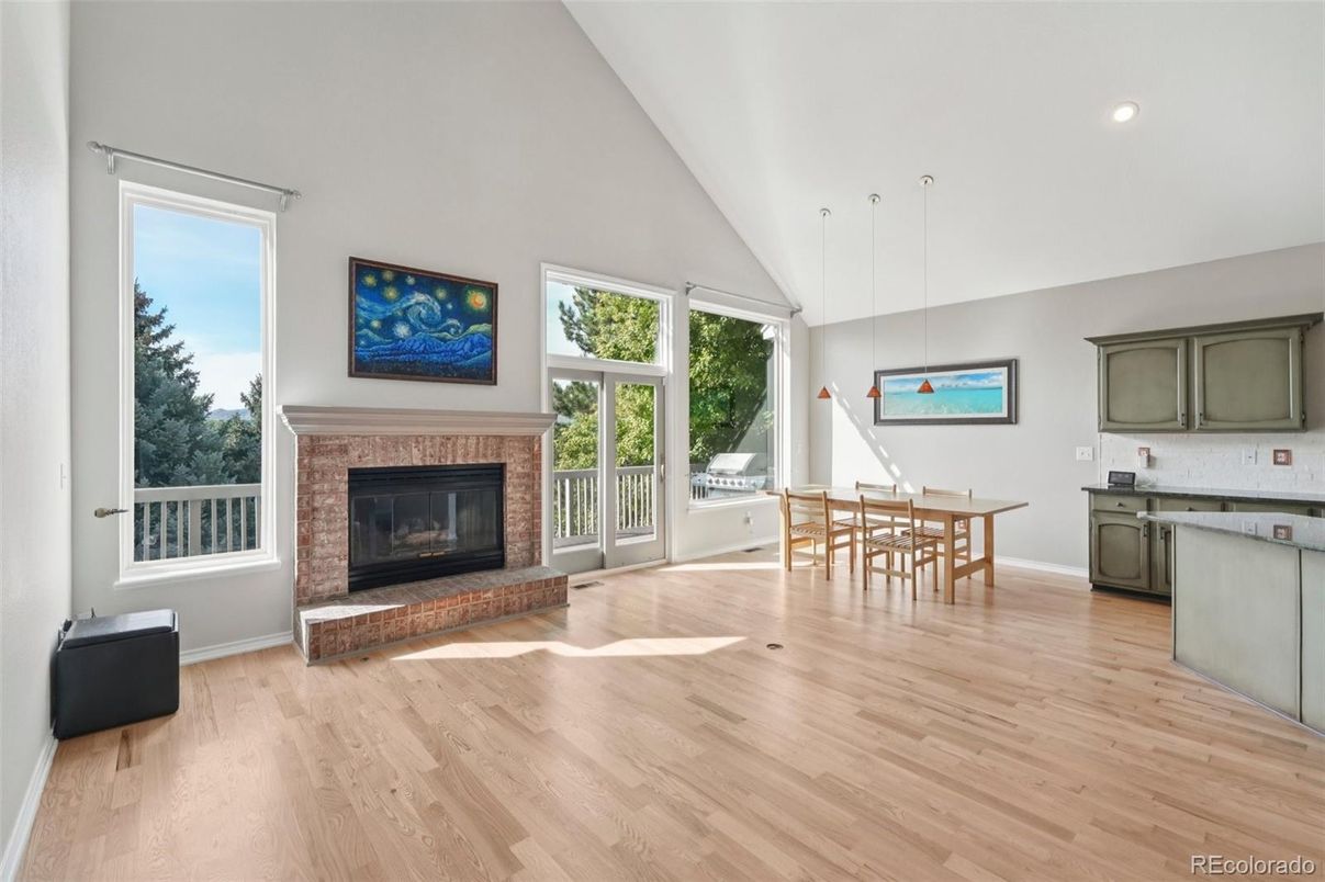 Dining room, Fireplace, Interior, Pendant Lights, Recessed Lighting, Wood Texture Flooring