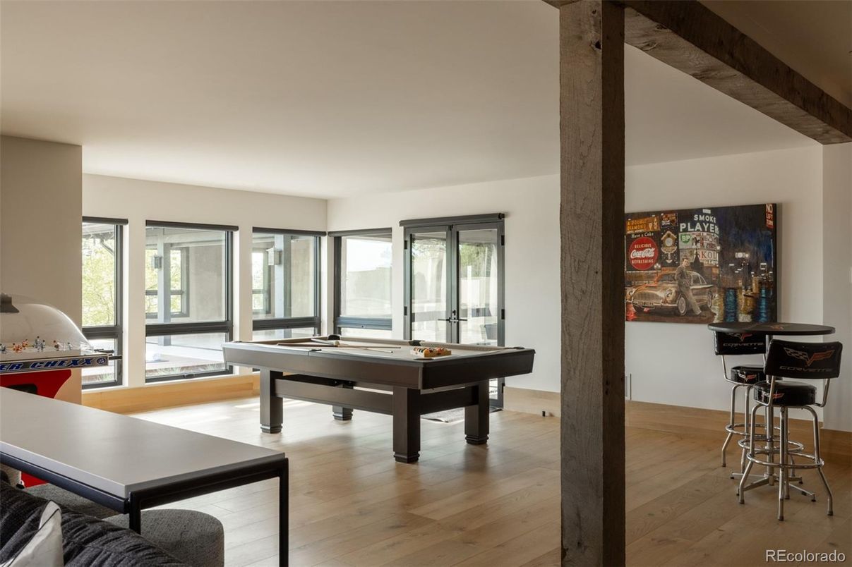 Billiard Table, Game Room, Interior, Wooden Beams, Wood Texture Flooring