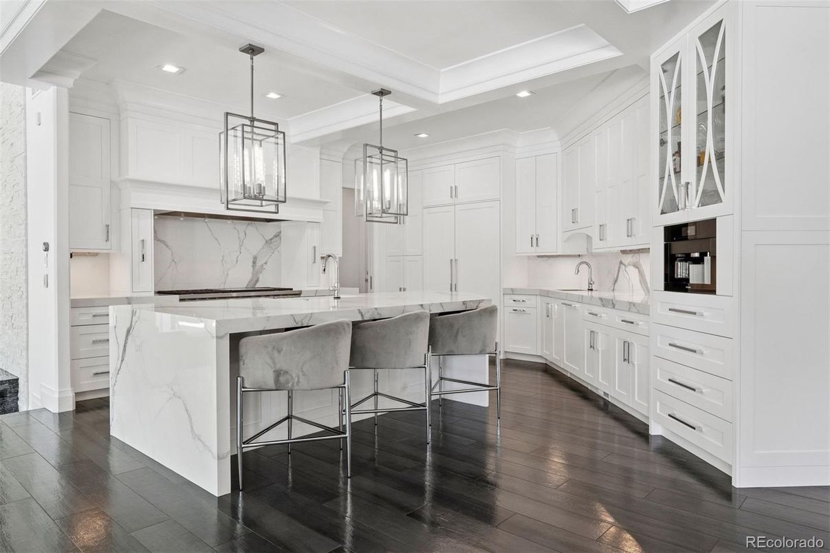 Interior, Kitchen, Marble Walls, Pendant Lights, Recessed Lighting, Wood Texture Flooring