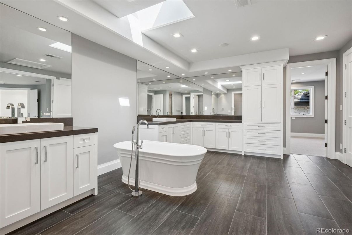 Bathroom, Dual Sink Vanities, Free Standing Baths, Interior, Recessed Lighting, Wood Texture Flooring