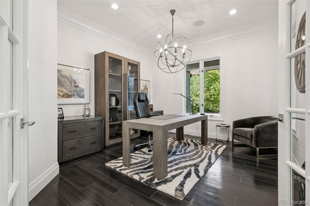 Chandelier, Home Office, Interior, Recessed Lighting, Wood Texture Flooring