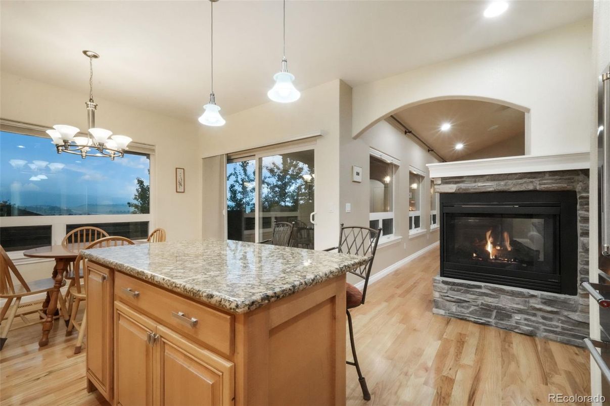 Chandelier, Dining room, Fireplace, Interior, Pendant Lights, Recessed Lighting, Wood Texture Flooring