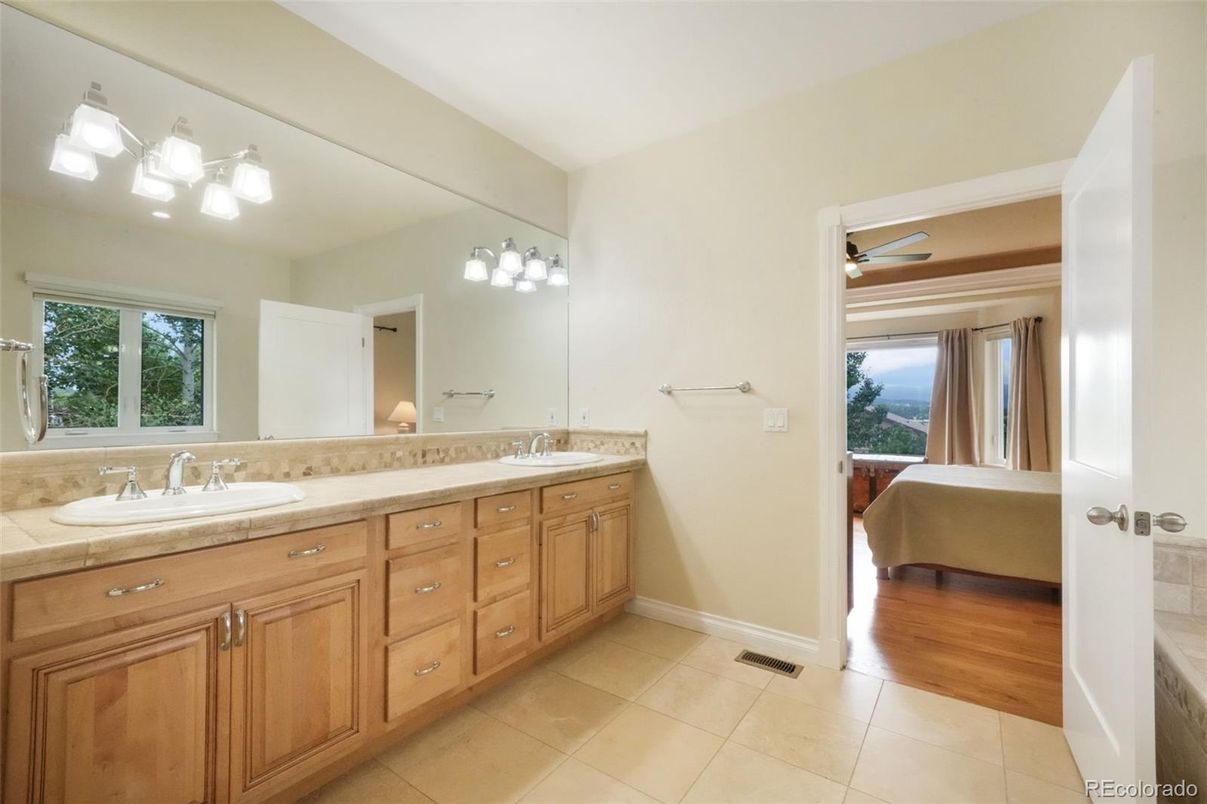 Bathroom, Dual Sink Vanities, Interior, Tile Countertops, Wood Texture Flooring