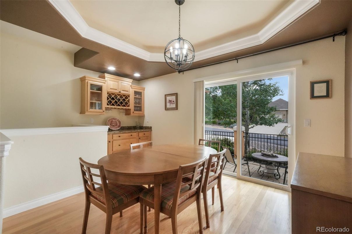 Dining room, Interior, Pendant Lights, Recessed Lighting, Wood Texture Flooring