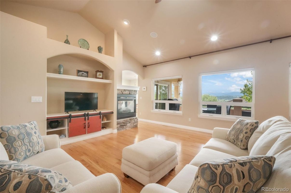 Fireplace, Interior, Living room, Recessed Lighting, Wood Texture Flooring