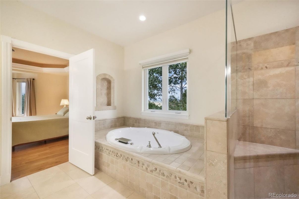 Bathroom, Glass Shower, Interior, Recessed Lighting, Wood Texture Flooring