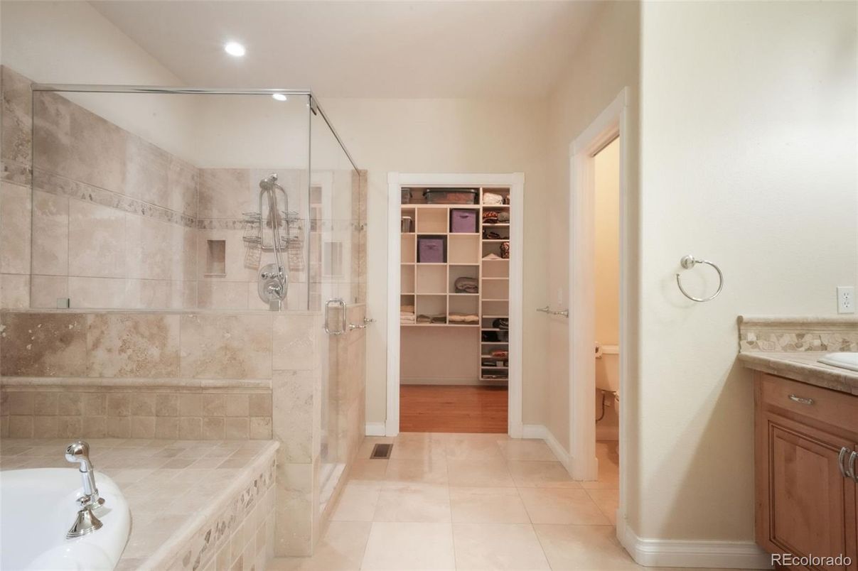 Bathroom, Glass Shower, Interior, Recessed Lighting, Walk-in Closets, Wood Texture Flooring