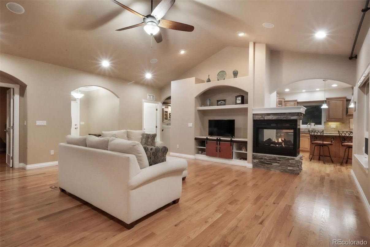 Fireplace, Interior, Living room, Recessed Lighting, Wood Texture Flooring