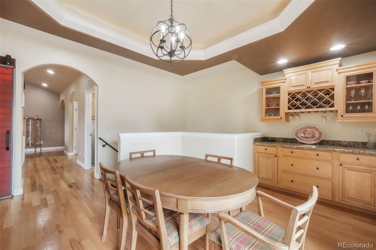 Dining room, Interior, Pendant Lights, Recessed Lighting, Wood Texture Flooring