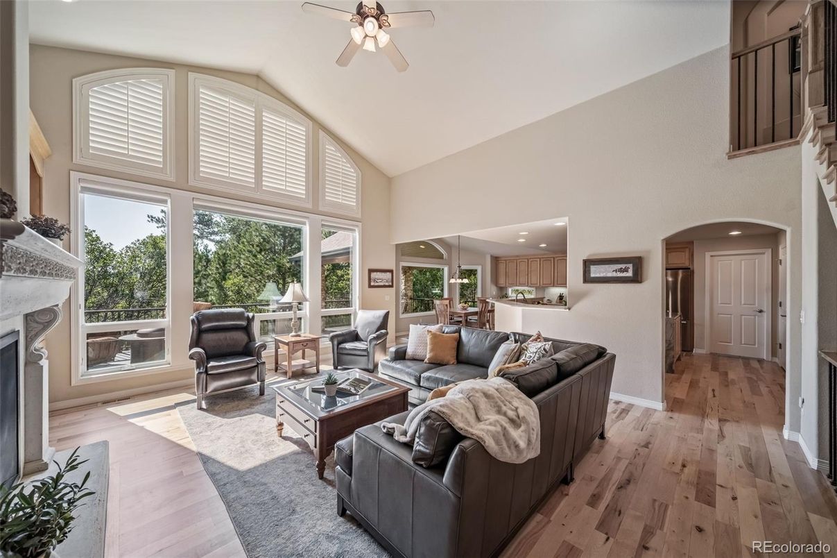 Fireplace, Interior, Kitchen, Living room, Recessed Lighting, Wood Texture Flooring