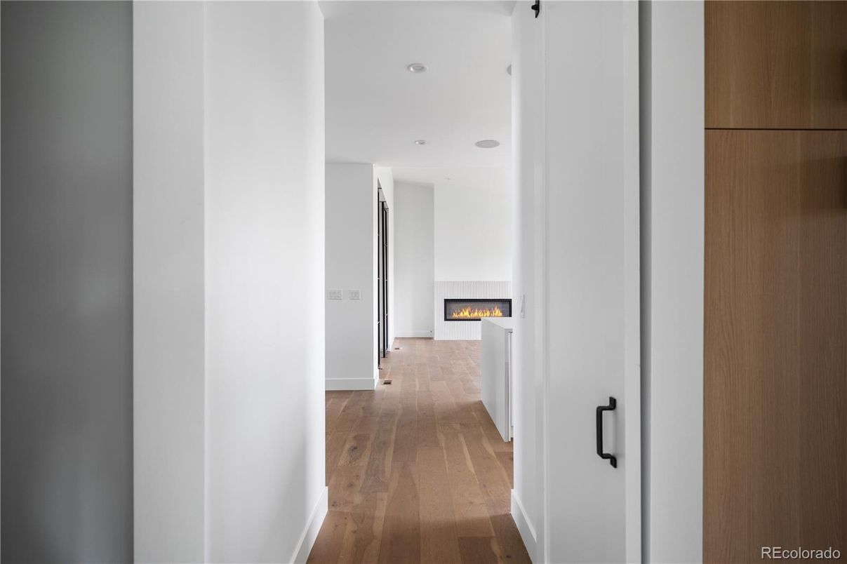 Fireplace, Interior, Recessed Lighting, Wood Texture Flooring