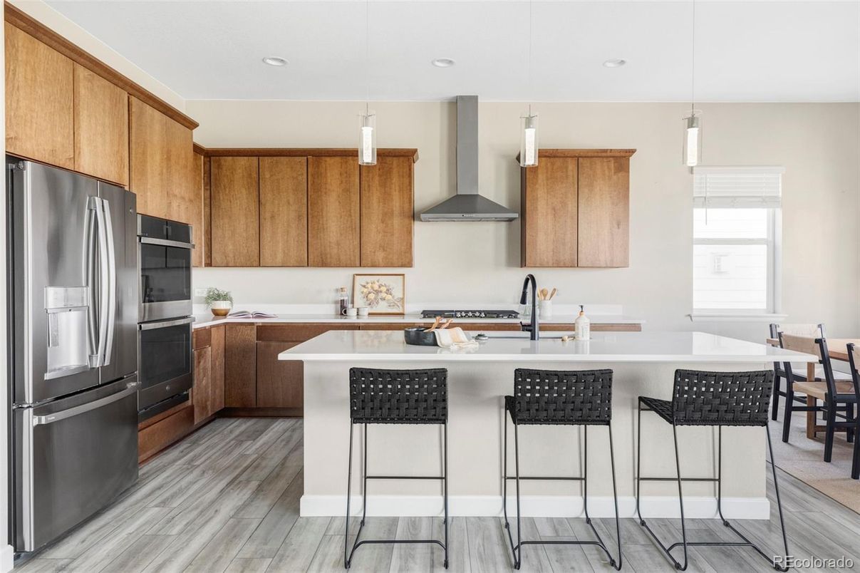 Interior, Kitchen, Pendant Lights, Recessed Lighting, Wood Texture Flooring
