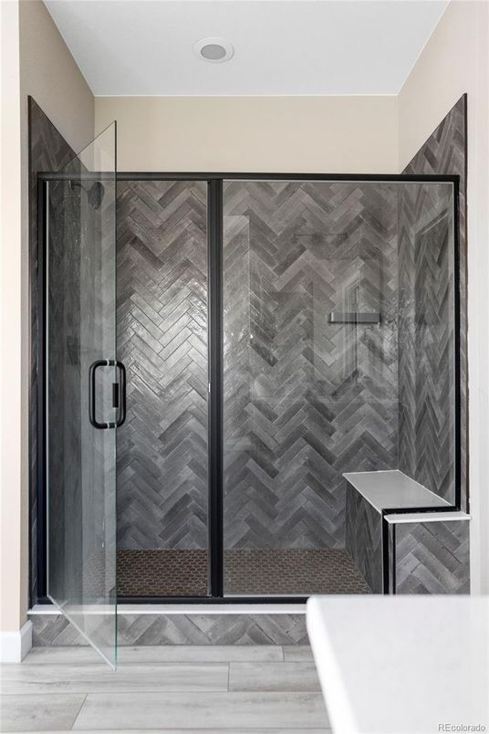 Bathroom, Glass Shower, Interior, Wood Texture Flooring