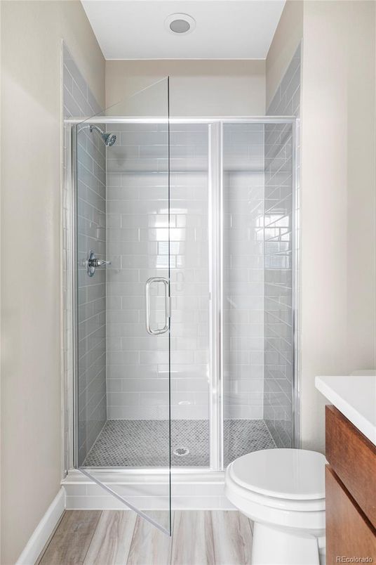 Bathroom, Glass Shower, Interior, Wood Texture Flooring