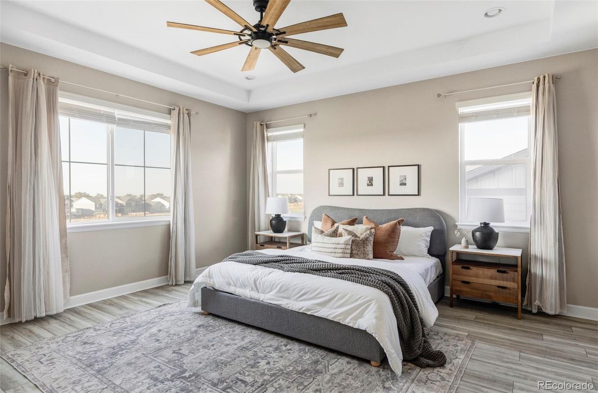 Bedroom, Interior, Recessed Lighting, Wood Texture Flooring