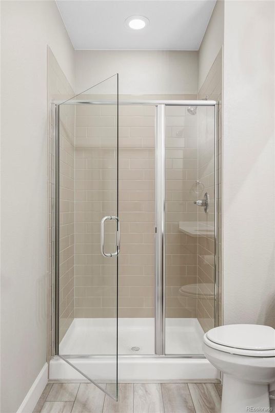 Bathroom, Glass Shower, Interior, Recessed Lighting, Wood Texture Flooring