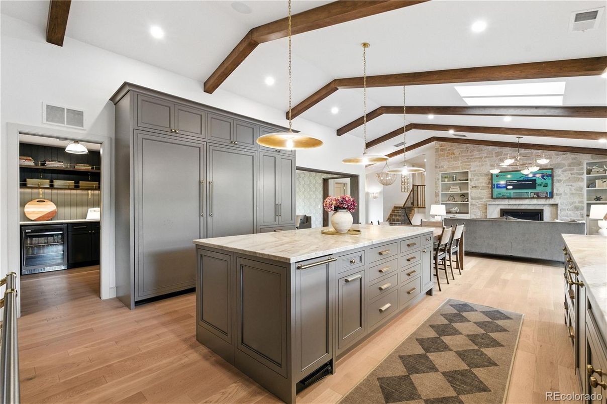 Fireplace, Interior, Kitchen, Pendant Lights, Recessed Lighting, Stone Walls, Wooden Beams, Wood Texture Flooring