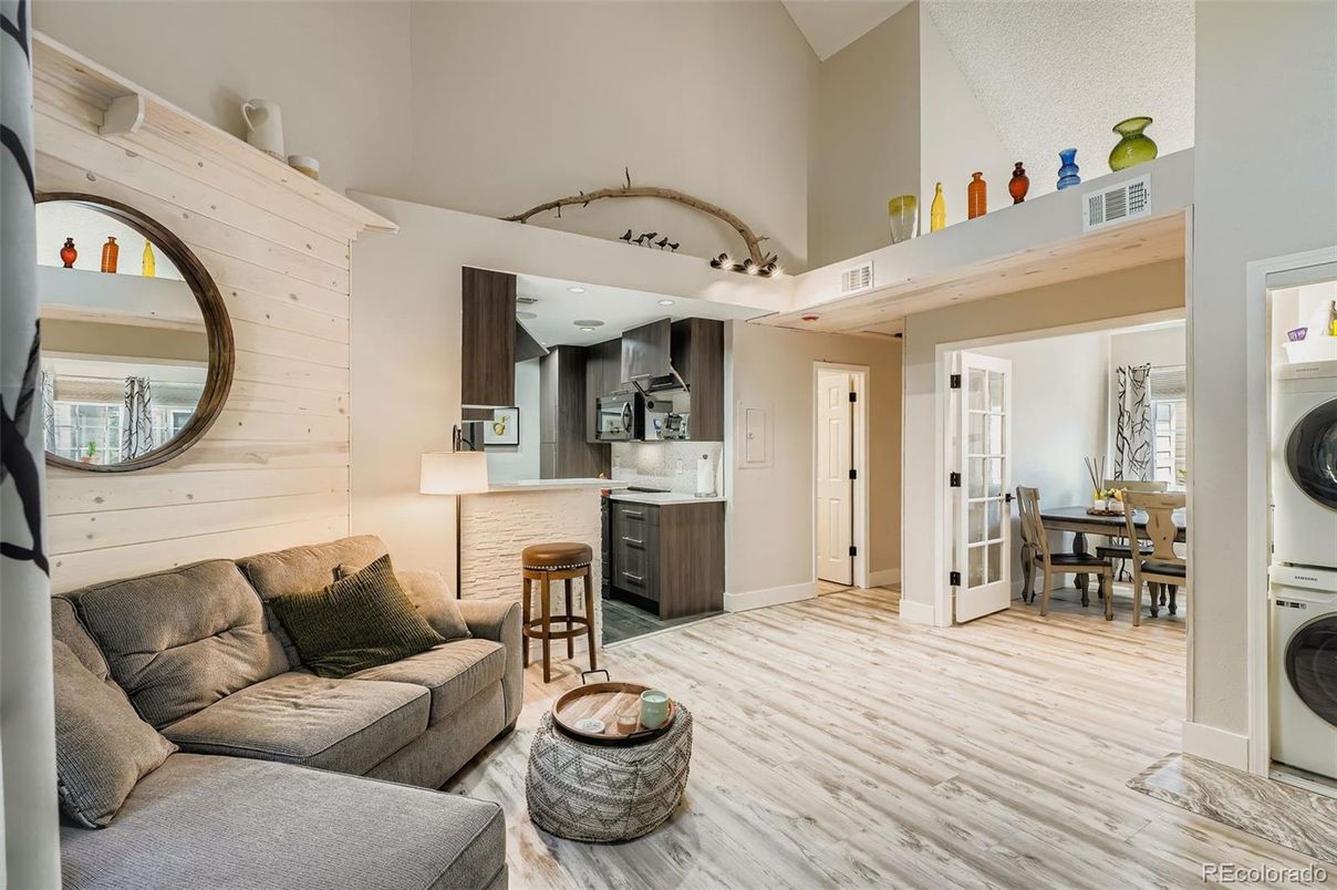 Dining room, Interior, Kitchen, Living room, Washer, Wood Texture Flooring