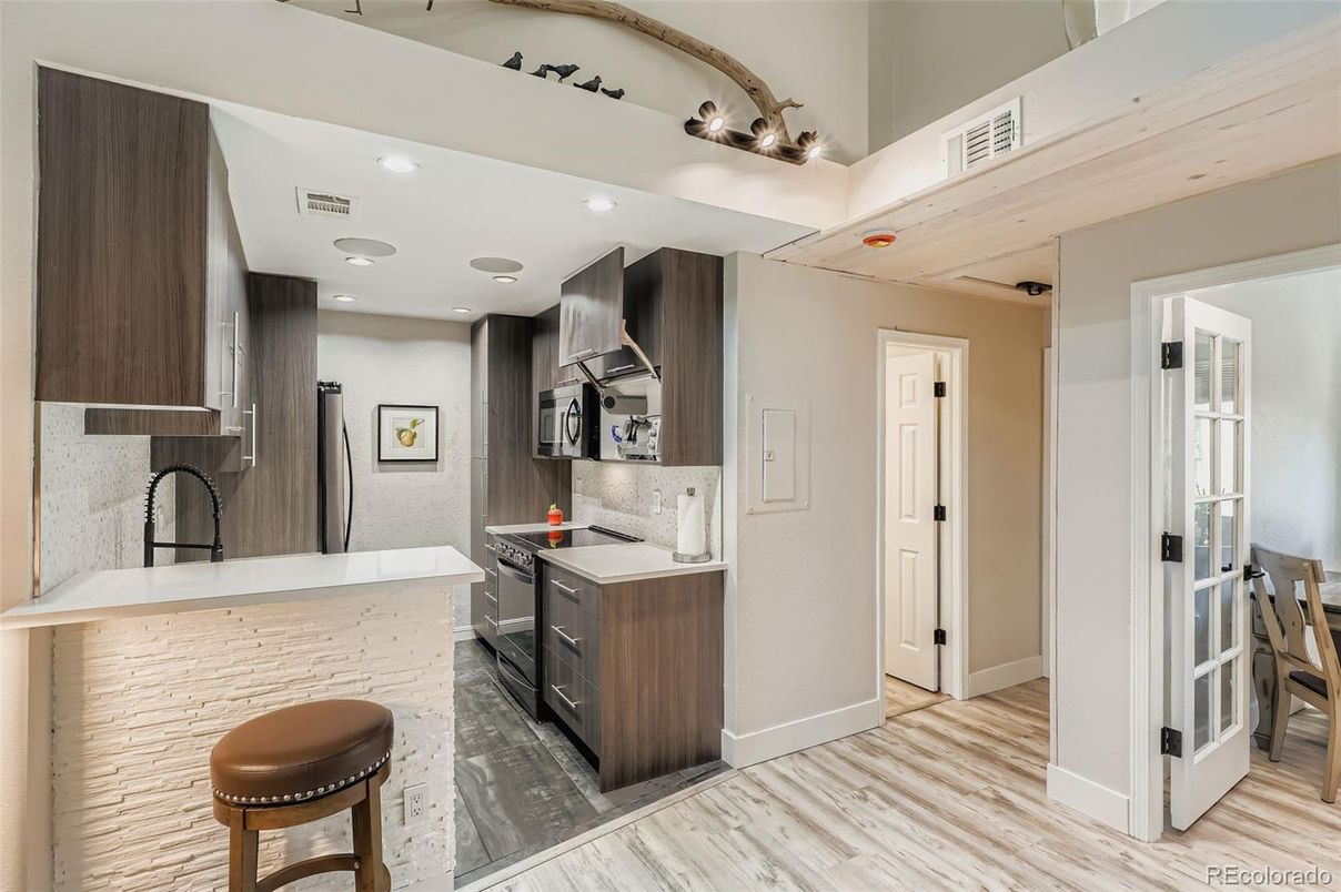 Interior, Kitchen, Recessed Lighting, Wood Texture Flooring