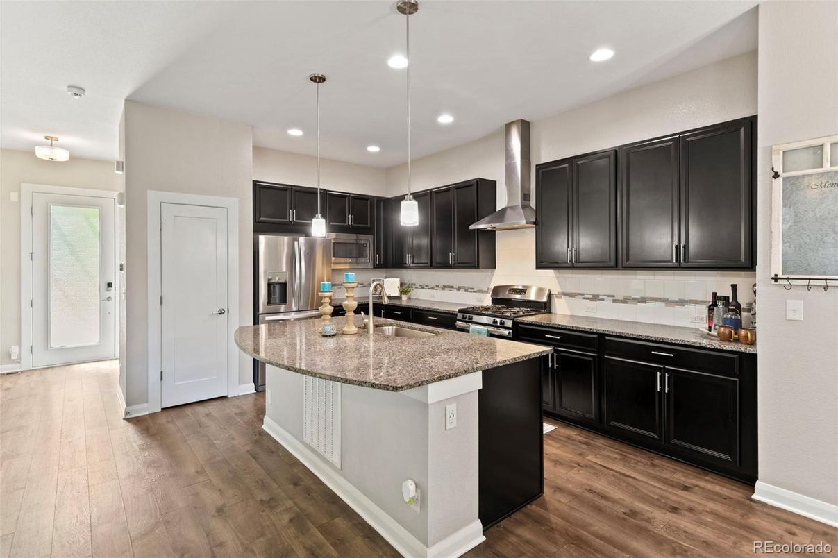 Interior, Kitchen, Pendant Lights, Recessed Lighting, Stainless Steel Appliances, Wood Texture Flooring