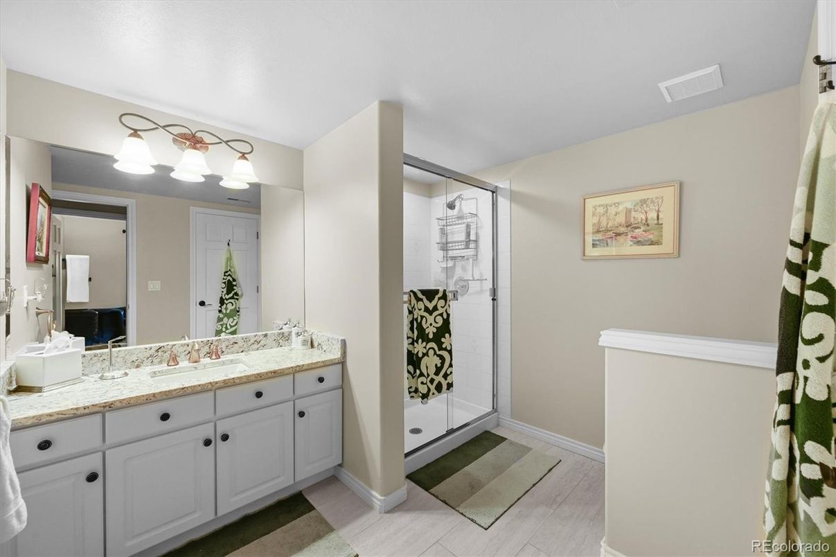 Bathroom, Dual Sink Vanities, Glass Shower, Interior, Wood Texture Flooring