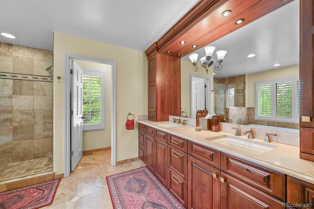 Bathroom, Chandelier, Dual Sink Vanities, Glass Shower, Interior, Recessed Lighting