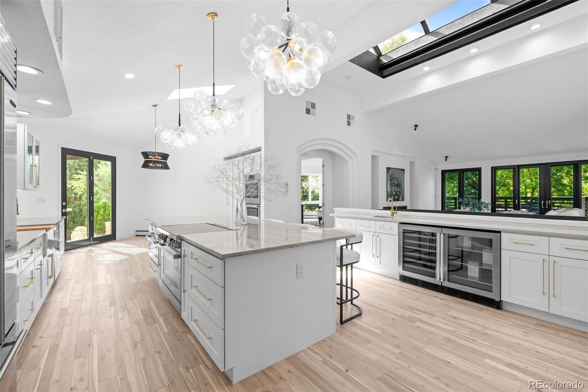 Glass Ceilings, Interior, Kitchen, Pendant Lights, Recessed Lighting, Wood Texture Flooring